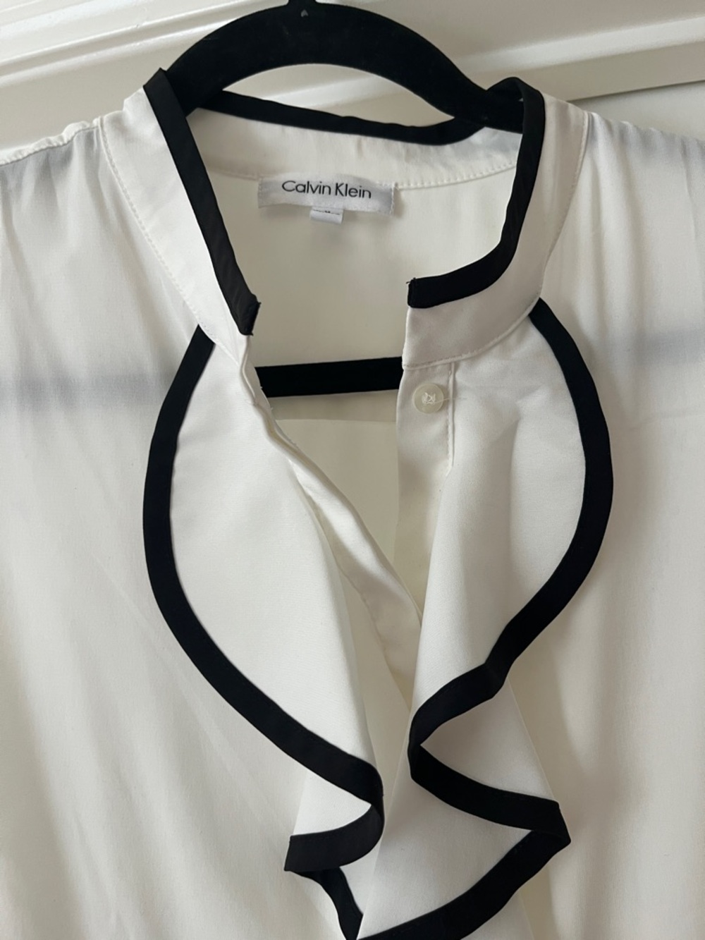 Calvin Klein White Ruffle Blouse with Black Trim